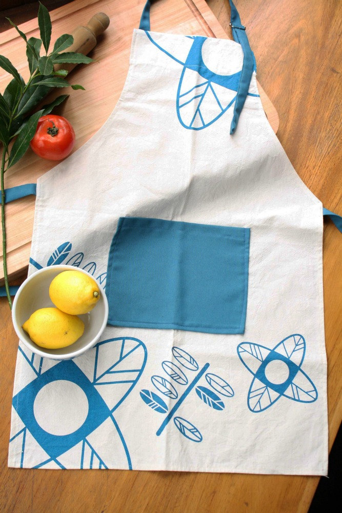 Cook Apron - Natural Cotton Canvas Apron Handprinted With Flowers And Leaves Design.