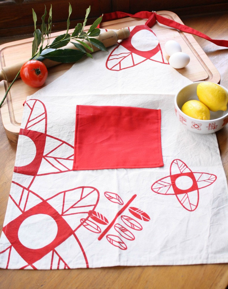 Cook Apron - Natural Cotton Canvas Apron Handprinted With Flowers And ...